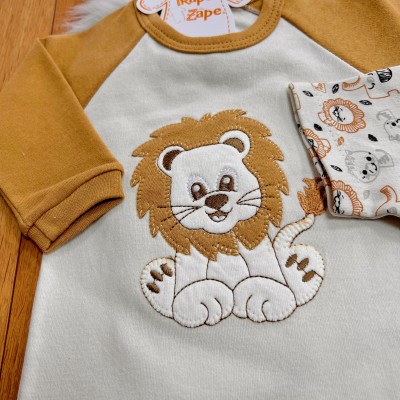 Conj. de Malha 3 peças - Leão Juba Colorida e Safari - Caramelo e Off White